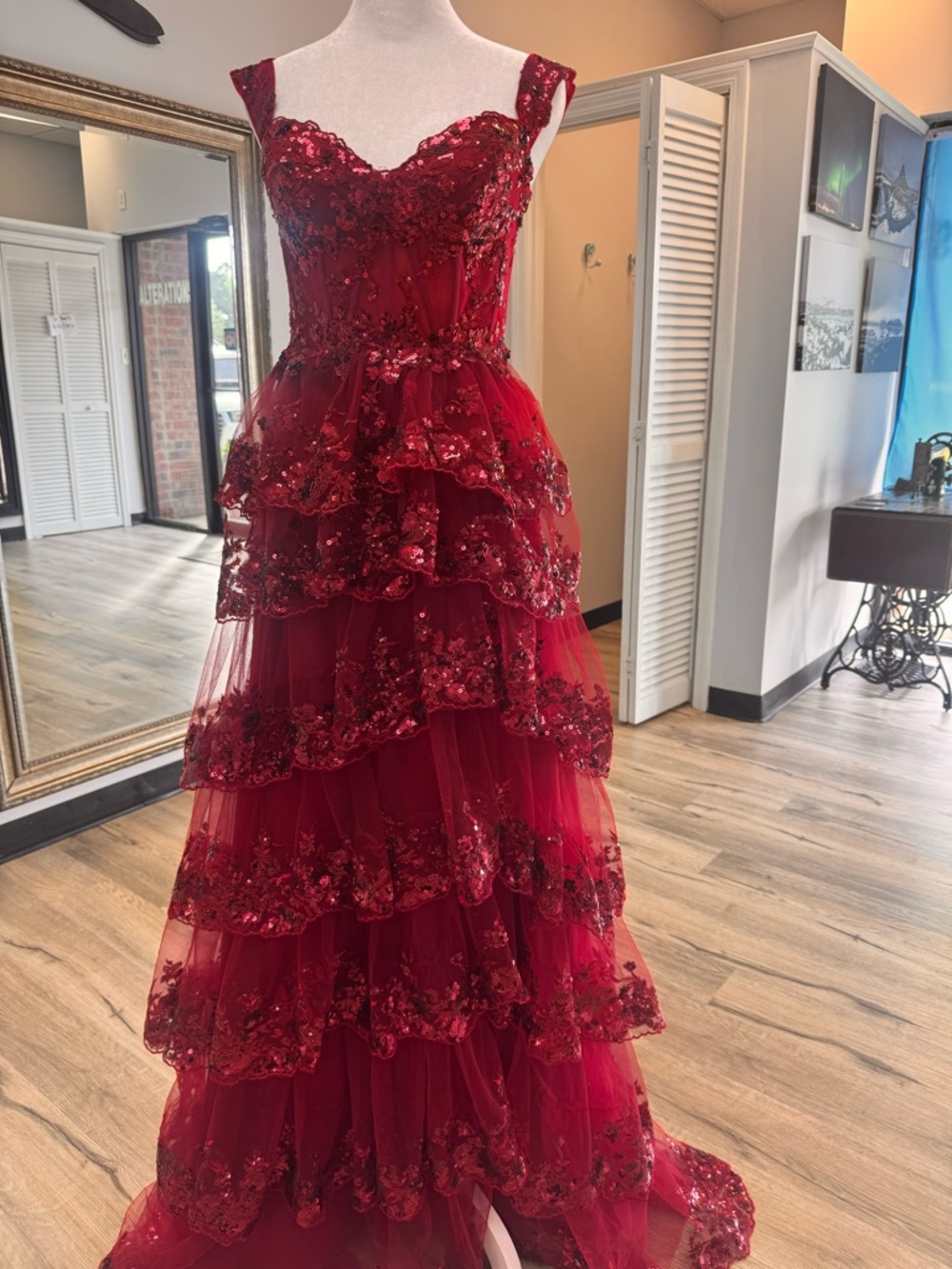 Elegant Red Tiered Sequin Prom Dress